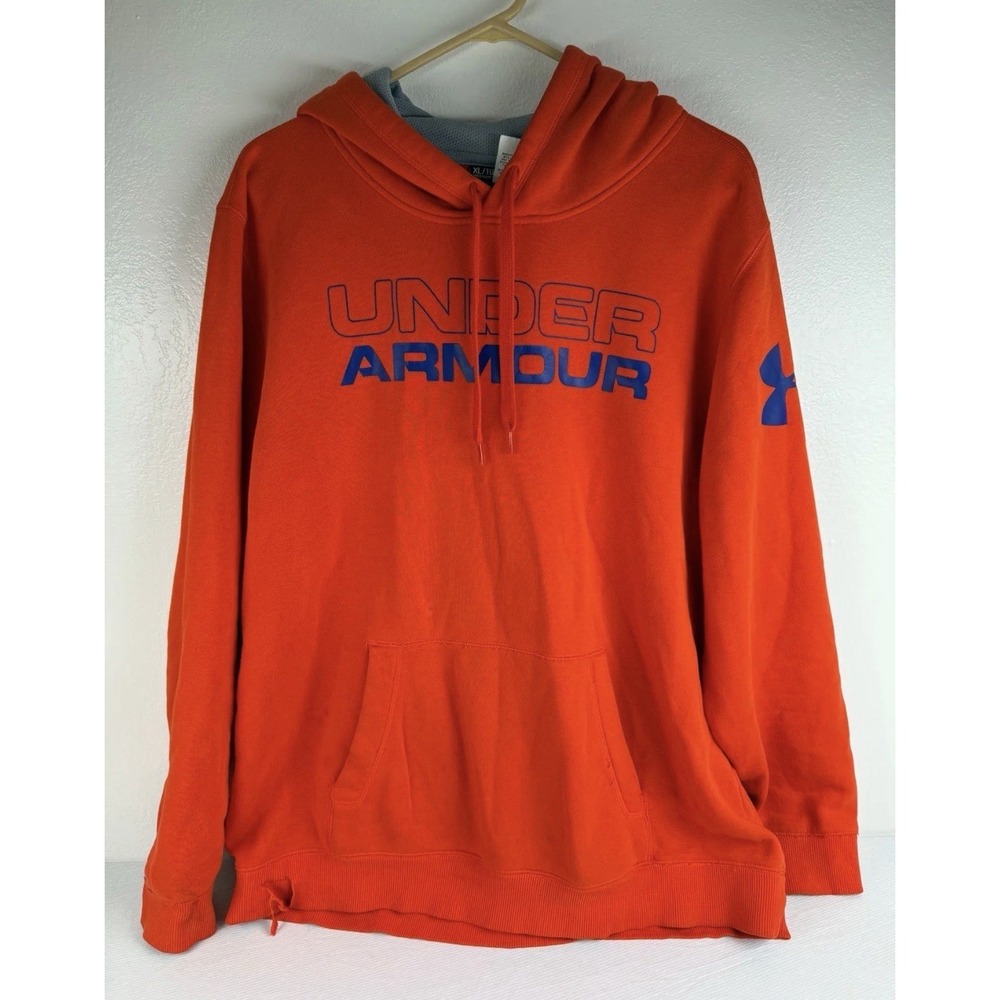 Under Armour Mens XL Loose Orange Fleece Pullover Hoodie Logo Pocket